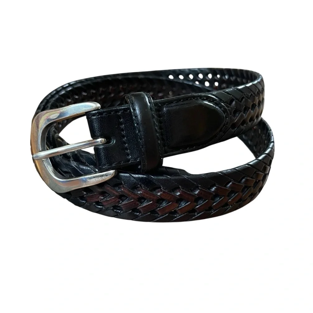 Brighton Black Leather Woven Belt with Classic Silver Buckle Sz. 36